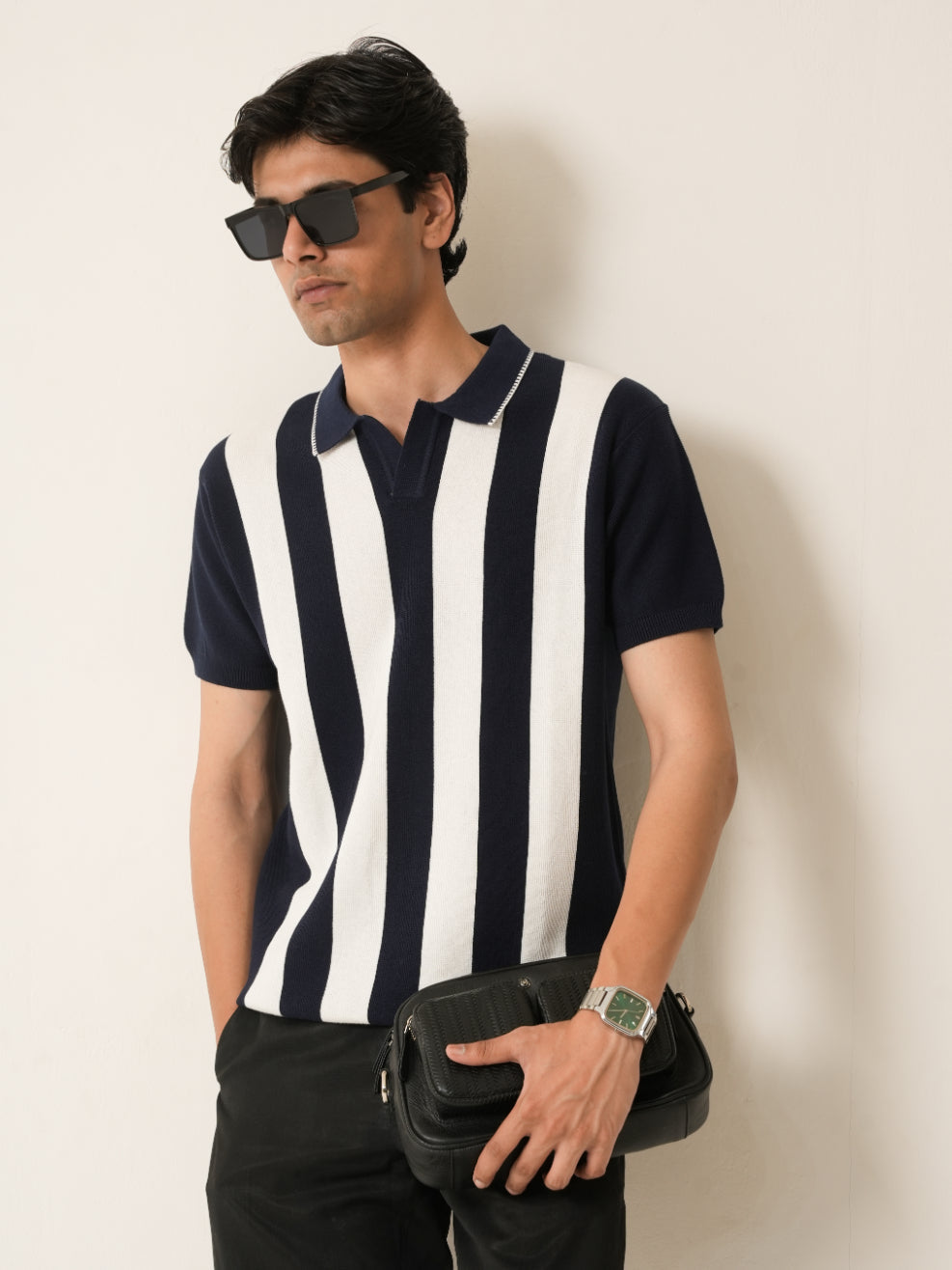 Vertical Striped Knit Polo